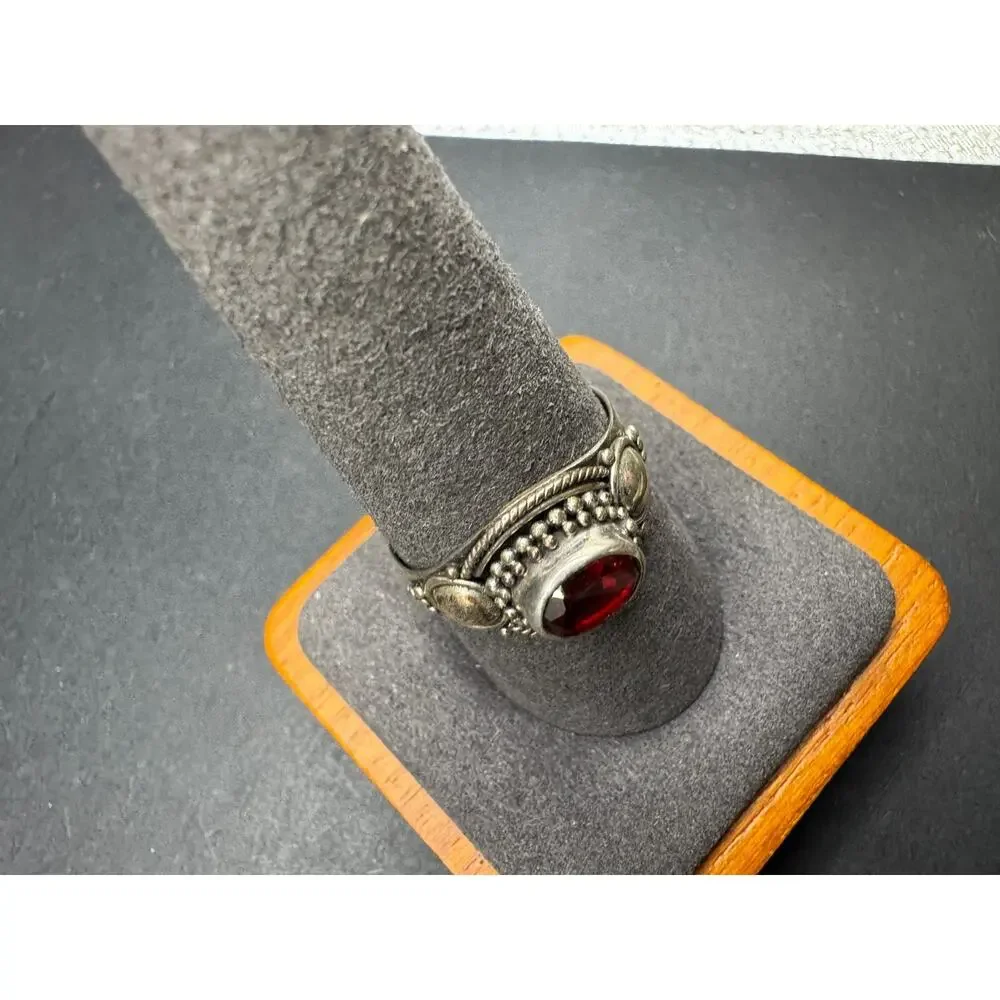 Vintage 925 Sterling Silver Red Garnet Glass Ring Boho Southwest Braided Size 10